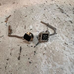 Vintage Tie Tacks “E” by Swank Silver Color and a Faux Onyx- Gold Colored